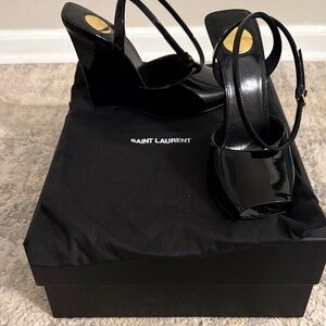 Saint Laurent Black Patent Platform Wedge Sandals